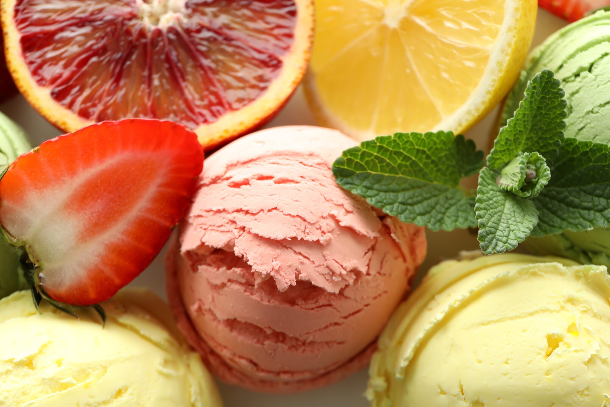 Premium fruit sorbet in gelato display