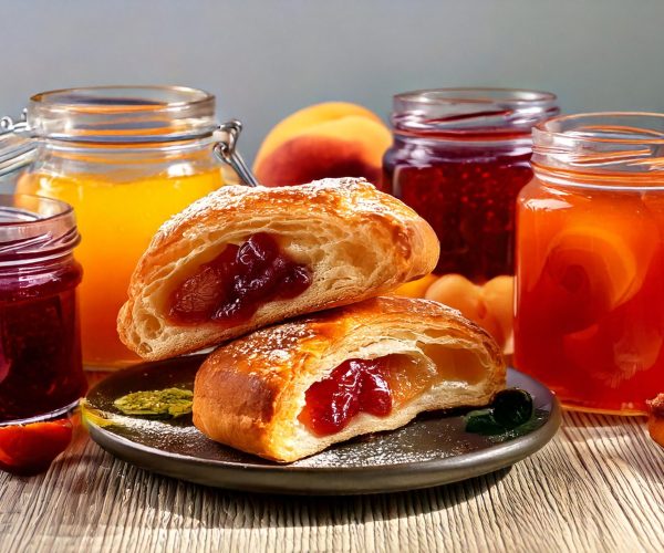 filled with jam with jars of colorful fruit jam with pieces of fruit on the sid