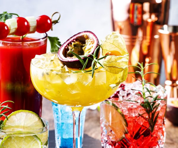 Set of summer alcoholic cocktails, popular bright refreshing alcohol drinks and beverages